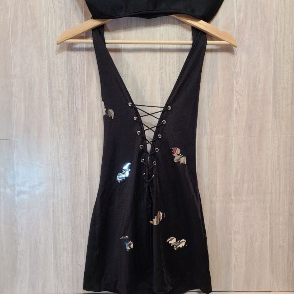 Gothic Bat Corset Mini Dress Womens XS Black Lace Up Halloween Costume Witchy